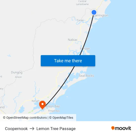 Coopernook to Lemon Tree Passage map