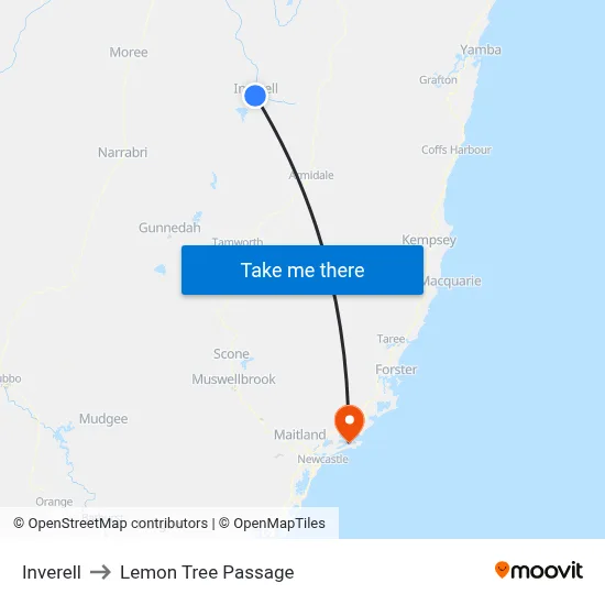 Inverell to Lemon Tree Passage map
