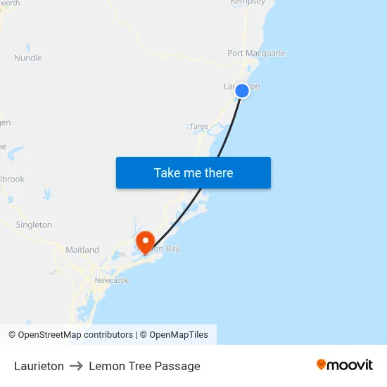 Laurieton to Lemon Tree Passage map