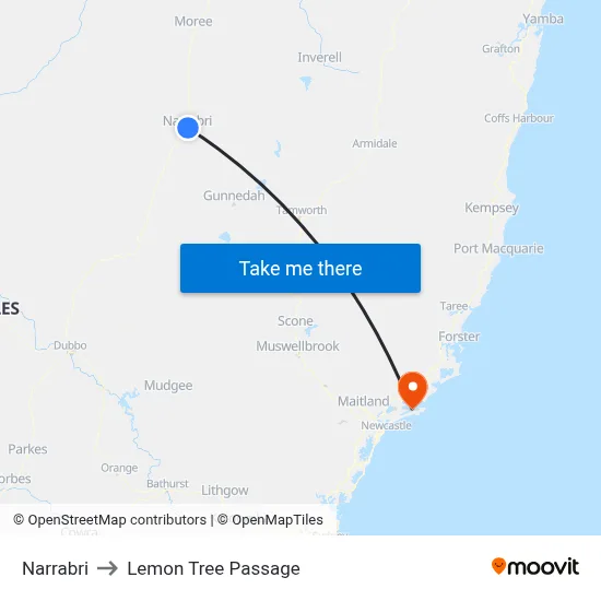 Narrabri to Lemon Tree Passage map