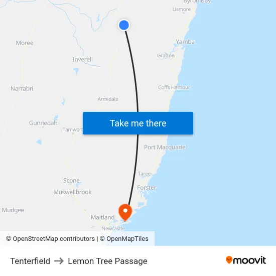 Tenterfield to Lemon Tree Passage map