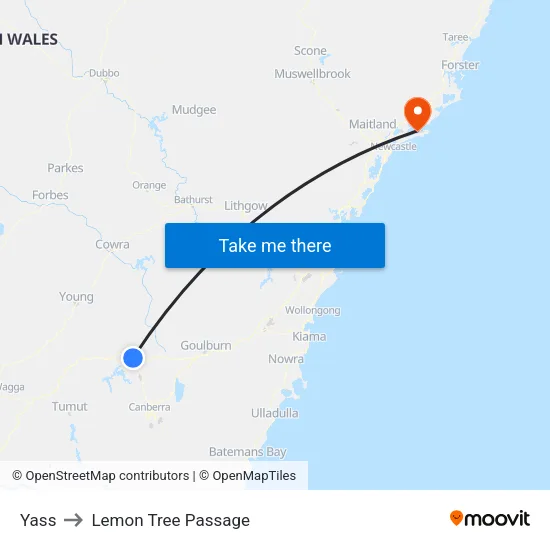 Yass to Lemon Tree Passage map