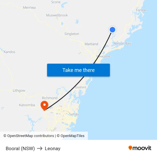 Booral (NSW) to Leonay map