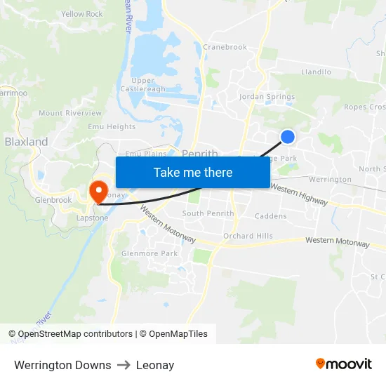 Werrington Downs to Leonay map