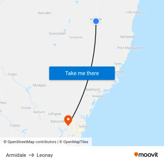 Armidale to Leonay map