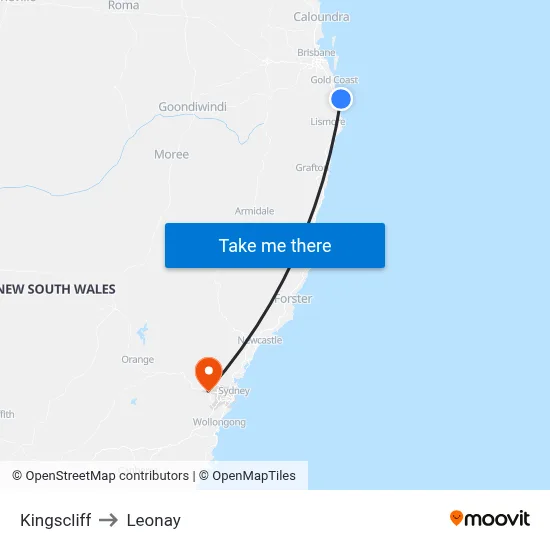 Kingscliff to Leonay map