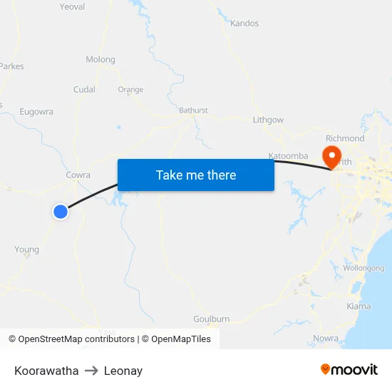 Koorawatha to Leonay map