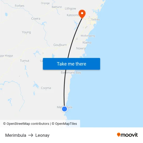 Merimbula to Leonay map
