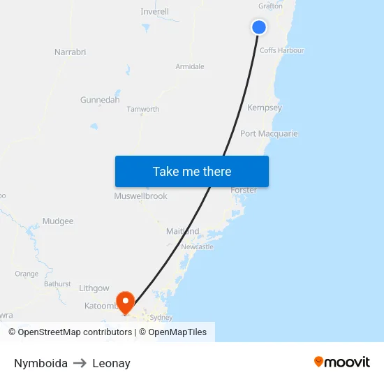 Nymboida to Leonay map