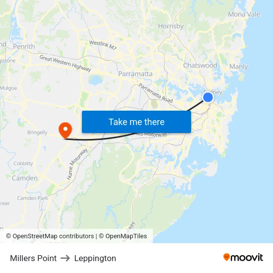 Millers Point to Leppington map
