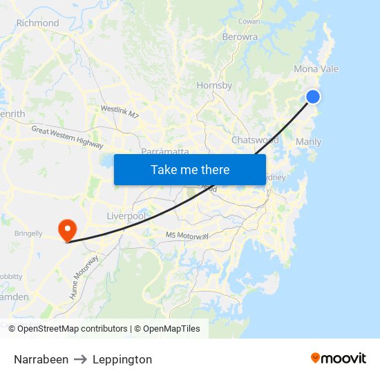 Narrabeen to Leppington map