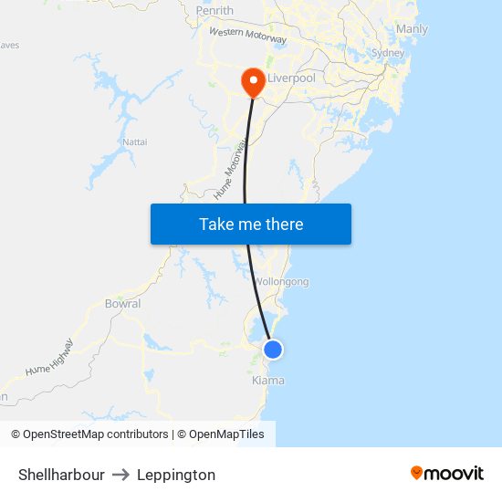 Shellharbour to Leppington map