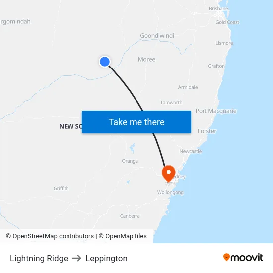 Lightning Ridge to Leppington map