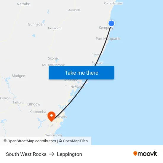 South West Rocks to Leppington map