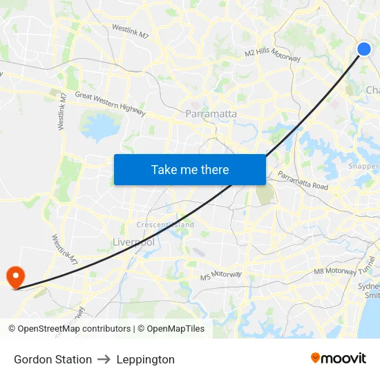 Gordon Station to Leppington map