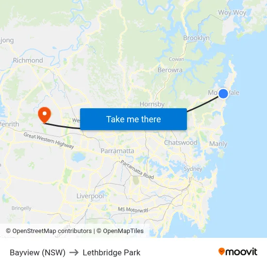 Bayview (NSW) to Lethbridge Park map