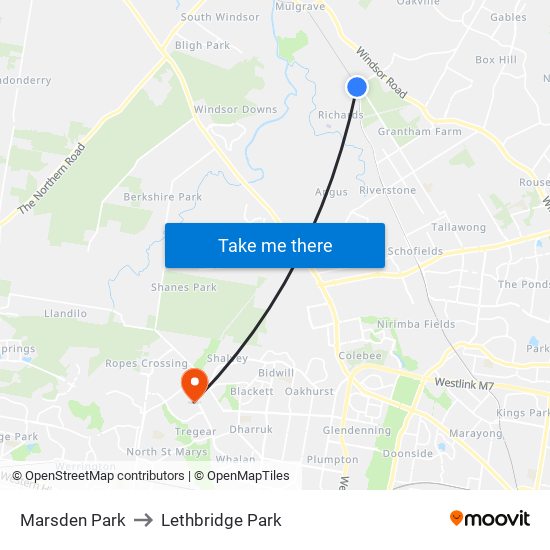 Marsden Park to Lethbridge Park map