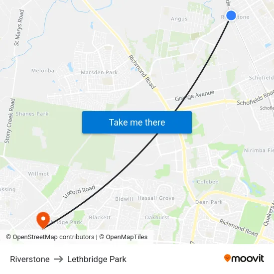 Riverstone to Lethbridge Park map
