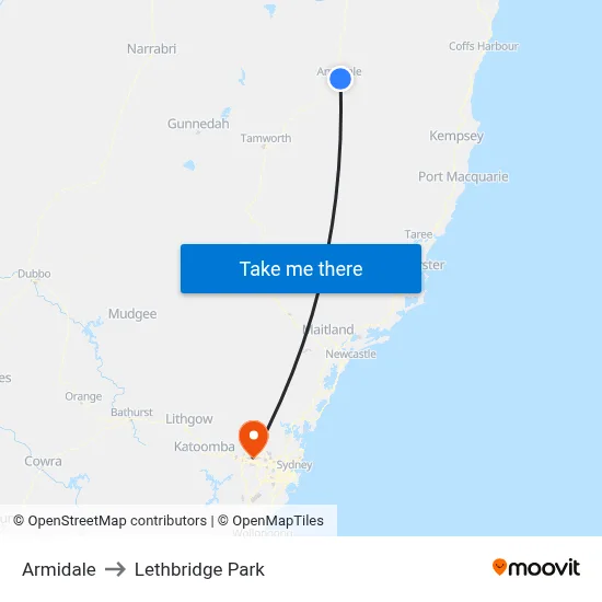 Armidale to Lethbridge Park map
