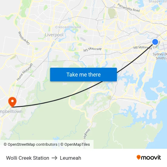 Wolli Creek Station to Leumeah map