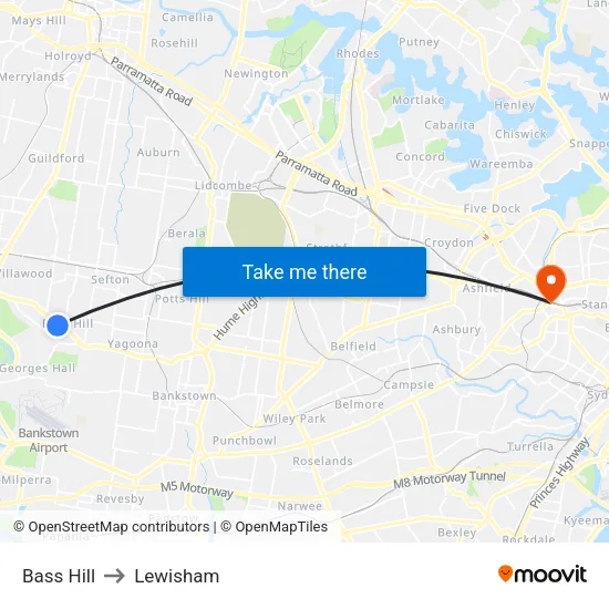 Bass Hill to Lewisham map