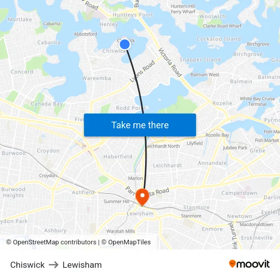 Chiswick to Lewisham map