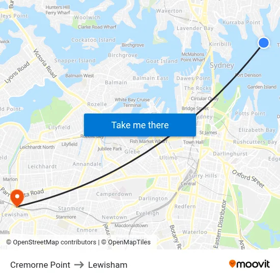 Cremorne Point to Lewisham map