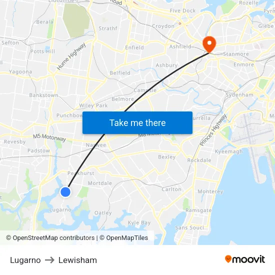 Lugarno to Lewisham map