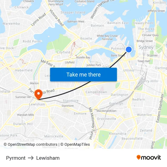 Pyrmont to Lewisham map