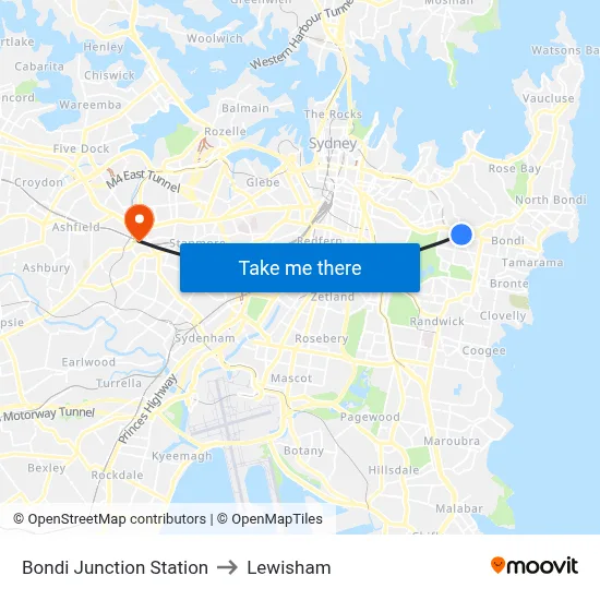Bondi Junction Station to Lewisham map