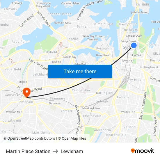 Martin Place Station to Lewisham map