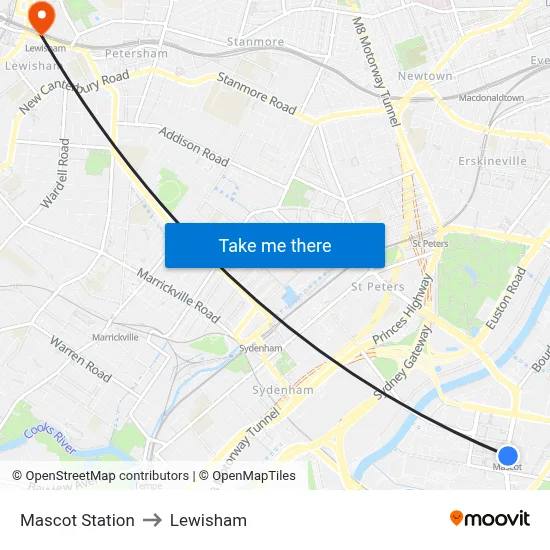 Mascot Station to Lewisham map