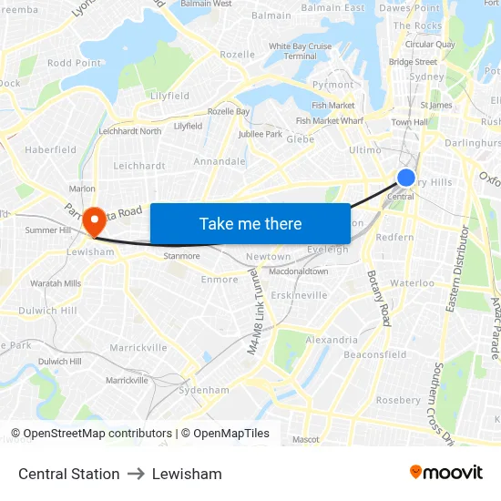 Central Station to Lewisham map