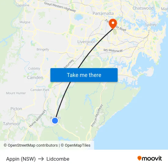 Appin (NSW) to Lidcombe map
