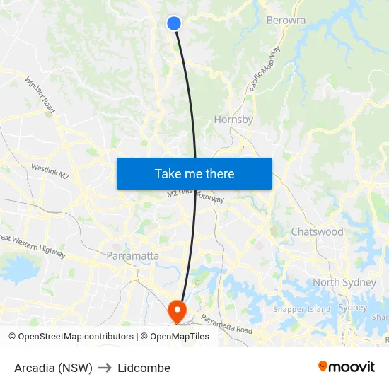 Arcadia (NSW) to Lidcombe map