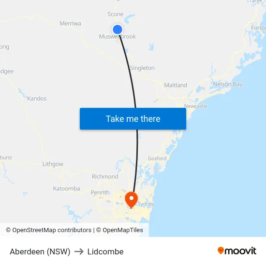 Aberdeen (NSW) to Lidcombe map