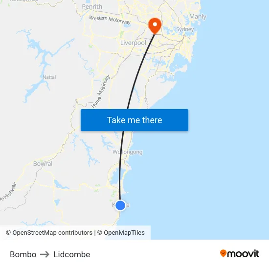 Bombo to Lidcombe map