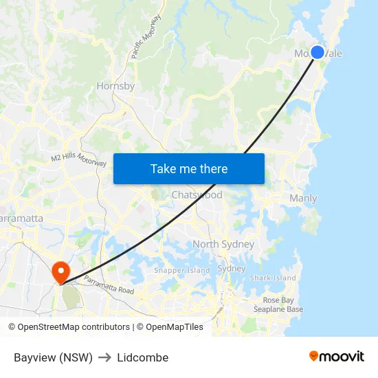 Bayview (NSW) to Lidcombe map