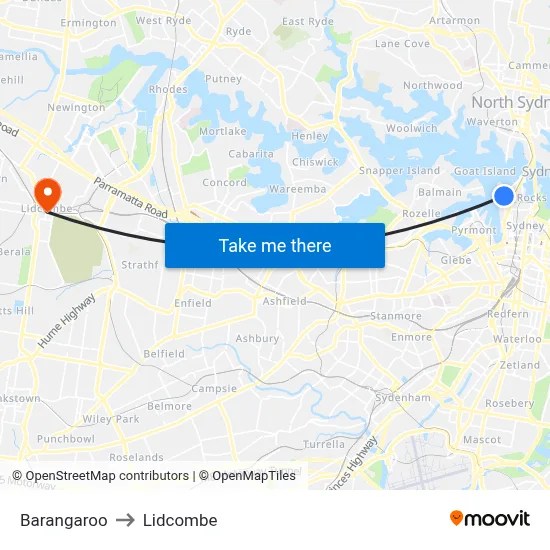 Barangaroo to Lidcombe map