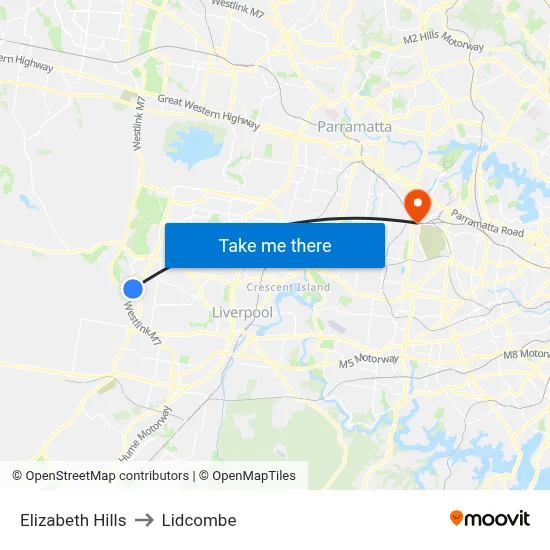 Elizabeth Hills to Lidcombe map