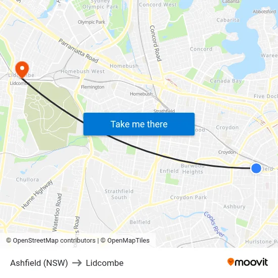 Ashfield (NSW) to Lidcombe map