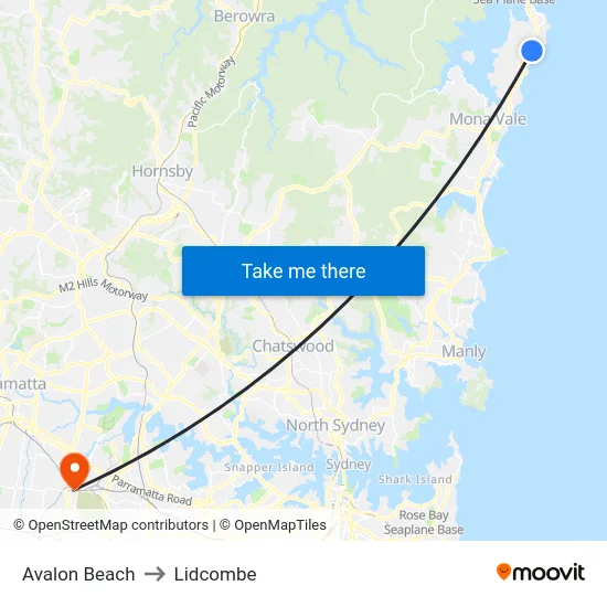 Avalon Beach to Lidcombe map