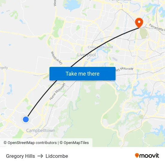 Gregory Hills to Lidcombe map