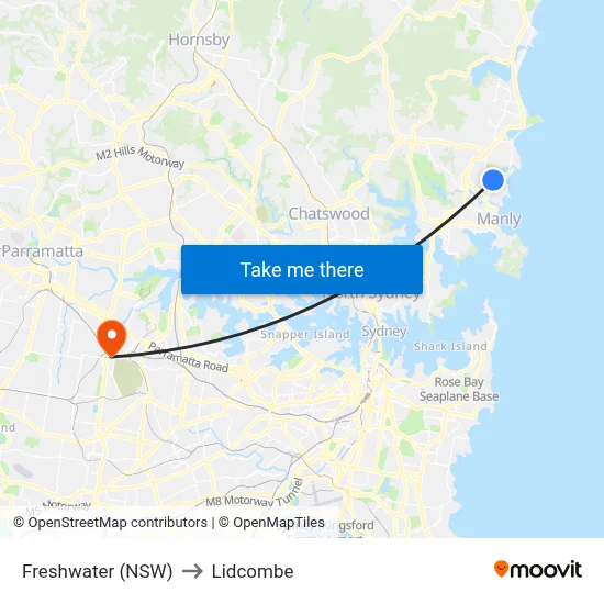 Freshwater (NSW) to Lidcombe map