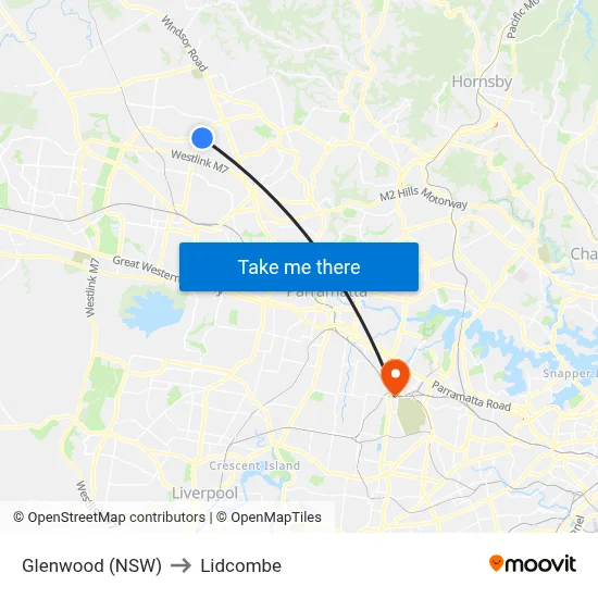 Glenwood (NSW) to Lidcombe map