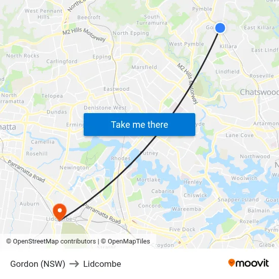 Gordon (NSW) to Lidcombe map