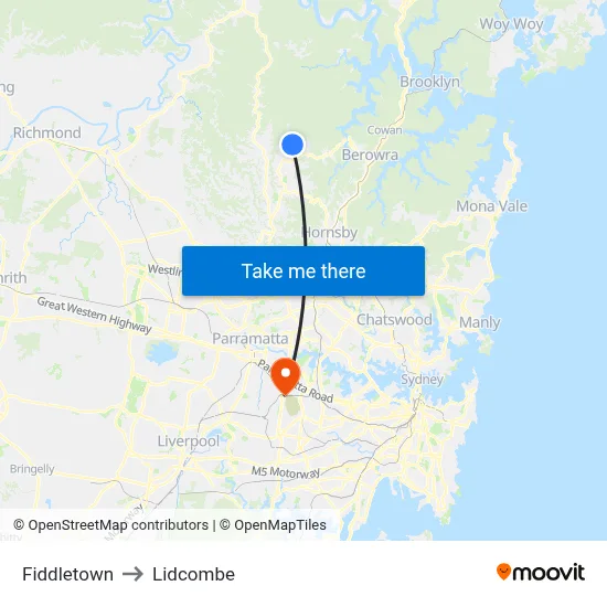 Fiddletown to Lidcombe map