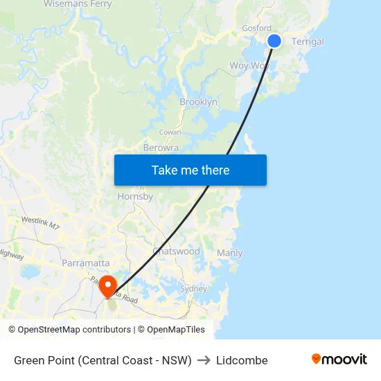 Green Point (Central Coast - NSW) to Lidcombe map