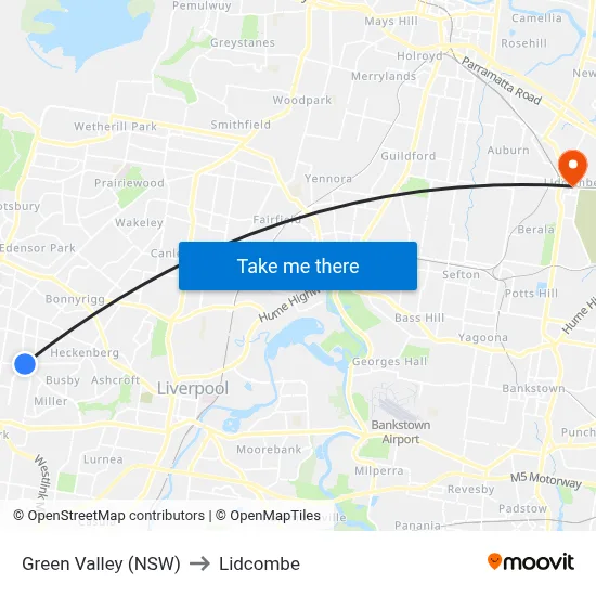 Green Valley (NSW) to Lidcombe map