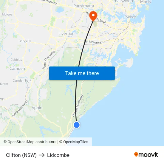 Clifton (NSW) to Lidcombe map